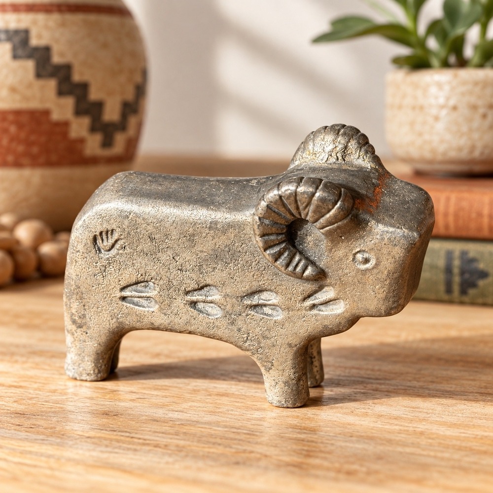 Heavy Cast Metal Bighorn Ram Figurine Southwestern Mountain Sheep Folk Art Decor